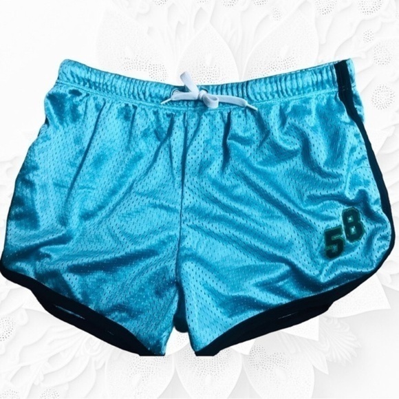 Turquoise Blue Sports Netted Shorts with Black Print - Picture 1 of 4